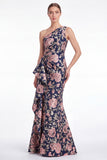 Robe de mère de la mariée en forme de sirène fleur rose à une épaule Jacquard Long Mother of the Bride avec volants