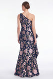 Robe de mère de la mariée en forme de sirène fleur rose à une épaule Jacquard Long Mother of the Bride avec volants