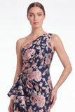 Robe de mère de la mariée en forme de sirène fleur rose à une épaule Jacquard Long Mother of the Bride avec volants
