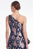 Robe de mère de la mariée en forme de sirène fleur rose à une épaule Jacquard Long Mother of the Bride avec volants