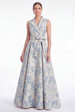 Robe de la mère de la mariée en ligne A-line rose fleur à encoche Jacquard Long Mother of the Bride avec ceinture