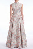 Robe de la mère de la mariée en ligne A-line rose fleur à encoche Jacquard Long Mother of the Bride avec ceinture