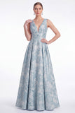 Robe de la mariée longue de la mariée fleur bleue Jacquard à col en V