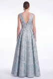 Robe de la mariée longue de la mariée fleur bleue Jacquard à col en V