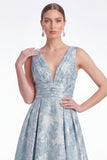 Robe de la mariée longue de la mariée fleur bleue Jacquard à col en V