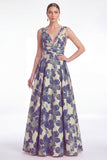 Robe de la mariée longue de la mariée fleur bleue Jacquard à col en V