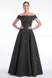 Robe longue de la mariée bleue jacquard, trapèe en A, épaule décalée