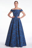Robe longue de la mariée bleue jacquard, trapèe en A, épaule décalée
