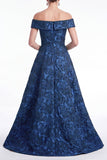 Robe longue de la mariée bleue jacquard, trapèe en A, épaule décalée