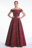 Robe longue de la mariée bleue jacquard, trapèe en A, épaule décalée