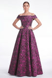 Robe longue de la mariée bleue jacquard, trapèe en A, épaule décalée
