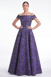 Robe longue de la mariée bleue jacquard, trapèe en A, épaule décalée