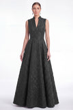 Robe longue de la mère de la mariée fleur verte Jacquard à col en V