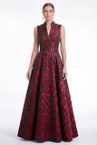 Robe longue de la mère de la mariée fleur verte Jacquard à col en V
