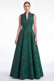 Robe longue de la mère de la mariée fleur verte Jacquard à col en V