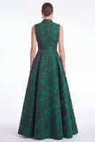 Robe longue de la mère de la mariée fleur verte Jacquard à col en V