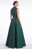 Robe longue de la mère de la mariée fleur verte Jacquard à col en V