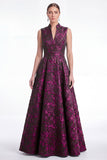 Robe longue de la mère de la mariée fleur verte Jacquard à col en V