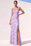 Robe longue d’invitée à fentes à fente appliquée en sirène lilas