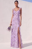 Robe longue d’invitée à fentes à fente appliquée en sirène lilas