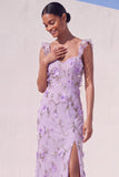 Robe longue d’invitée à fentes à fente appliquée en sirène lilas