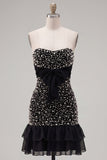 Robe de bal de rentrée noire body-con mouflées perles à volants avec un nœud