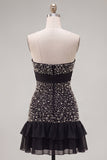 Robe de bal de rentrée noire body-con mouflées perles à volants avec un nœud