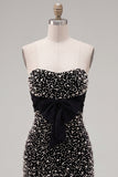 Robe de bal de rentrée noire body-con mouflées perles à volants avec un nœud