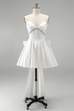 Corset blanc en satin en strass robe sans bretelles de bal sans anneau avec un grand nœud dans le dos