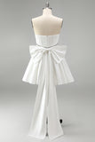Corset blanc en satin en strass robe sans bretelles de bal sans anneau avec un grand nœud dans le dos