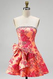 Robe courte de retour à la maison de fin d’année orange Jacquard A-Line Strapless bustier à volants avec un nœud