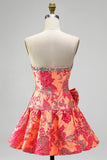 Robe courte de retour à la maison de fin d’année orange Jacquard A-Line Strapless bustier à volants avec un nœud