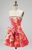 Robe courte de retour à la maison de fin d’année orange Jacquard A-Line Strapless bustier à volants avec un nœud