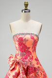 Robe courte de retour à la maison de fin d’année orange Jacquard A-Line Strapless bustier à volants avec un nœud