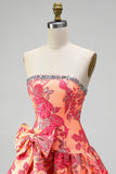 Robe courte de retour à la maison de fin d’année orange Jacquard A-Line Strapless bustier à volants avec un nœud