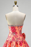 Robe courte de retour à la maison de fin d’année orange Jacquard A-Line Strapless bustier à volants avec un nœud