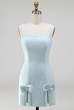 Robe courte de rentrée à la maison à col carré bleu clair, nœuds courts, nœuds perlés