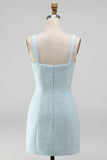 Robe courte de rentrée à la maison à col carré bleu clair, nœuds courts, nœuds perlés