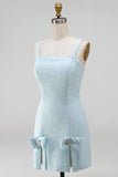 Robe courte de rentrée à la maison à col carré bleu clair, nœuds courts, nœuds perlés