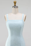 Robe courte de rentrée à la maison à col carré bleu clair, nœuds courts, nœuds perlés