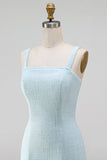 Robe courte de rentrée à la maison à col carré bleu clair, nœuds courts, nœuds perlés
