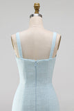 Robe courte de rentrée à la maison à col carré bleu clair, nœuds courts, nœuds perlés