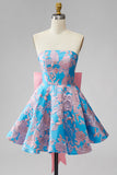 Robe courte de rentrée bleue Jacquard A-Line Strapless avec nœud