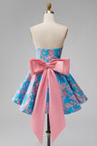 Robe courte de rentrée bleue Jacquard A-Line Strapless avec nœud