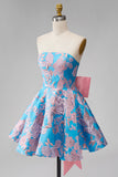 Robe courte de rentrée bleue Jacquard A-Line Strapless avec nœud