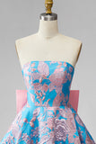 Robe courte de rentrée bleue Jacquard A-Line Strapless avec nœud