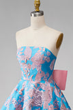 Robe courte de rentrée bleue Jacquard A-Line Strapless avec nœud