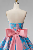 Robe courte de rentrée bleue Jacquard A-Line Strapless avec nœud