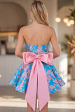 Robe courte de rentrée bleue Jacquard A-Line Strapless avec nœud