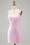 Robe courte de rentrée rose rose scintillante en sequins body-con